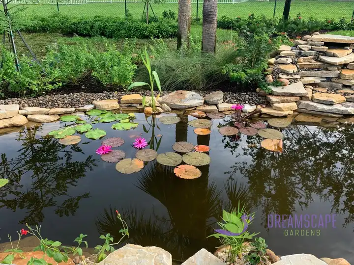 Parkland pond with waterfalls
